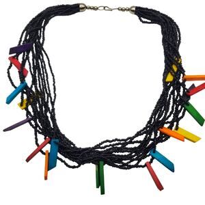 Black Seed Bead Necklace Multi Strand Rainbow Wood Spike Fringe Boho Tribal 80s